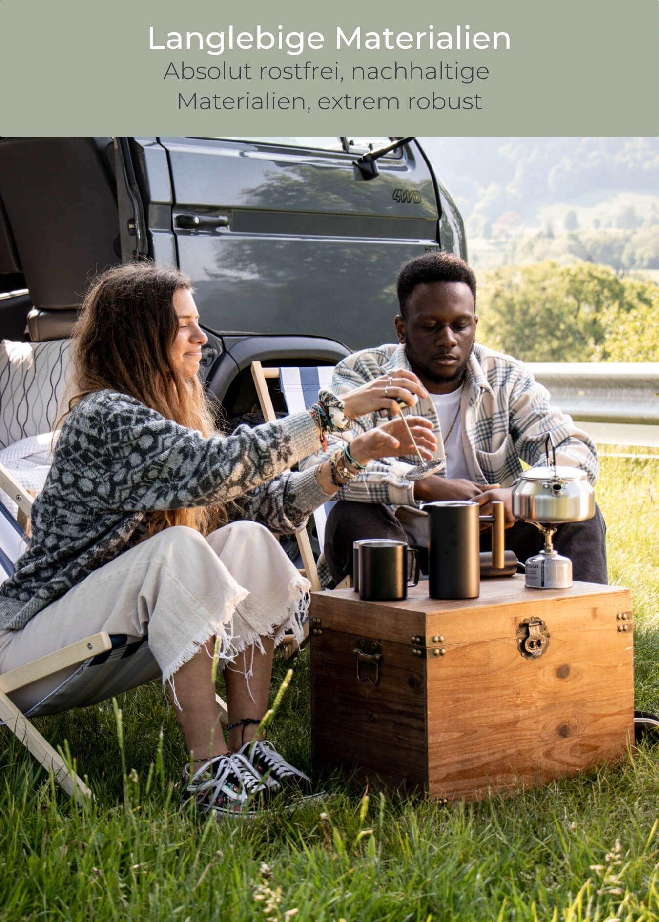 "Lambda Coffee Caldera French Press Edelstahl schwarz mit Holzgriff Outdoor Camping Szene"