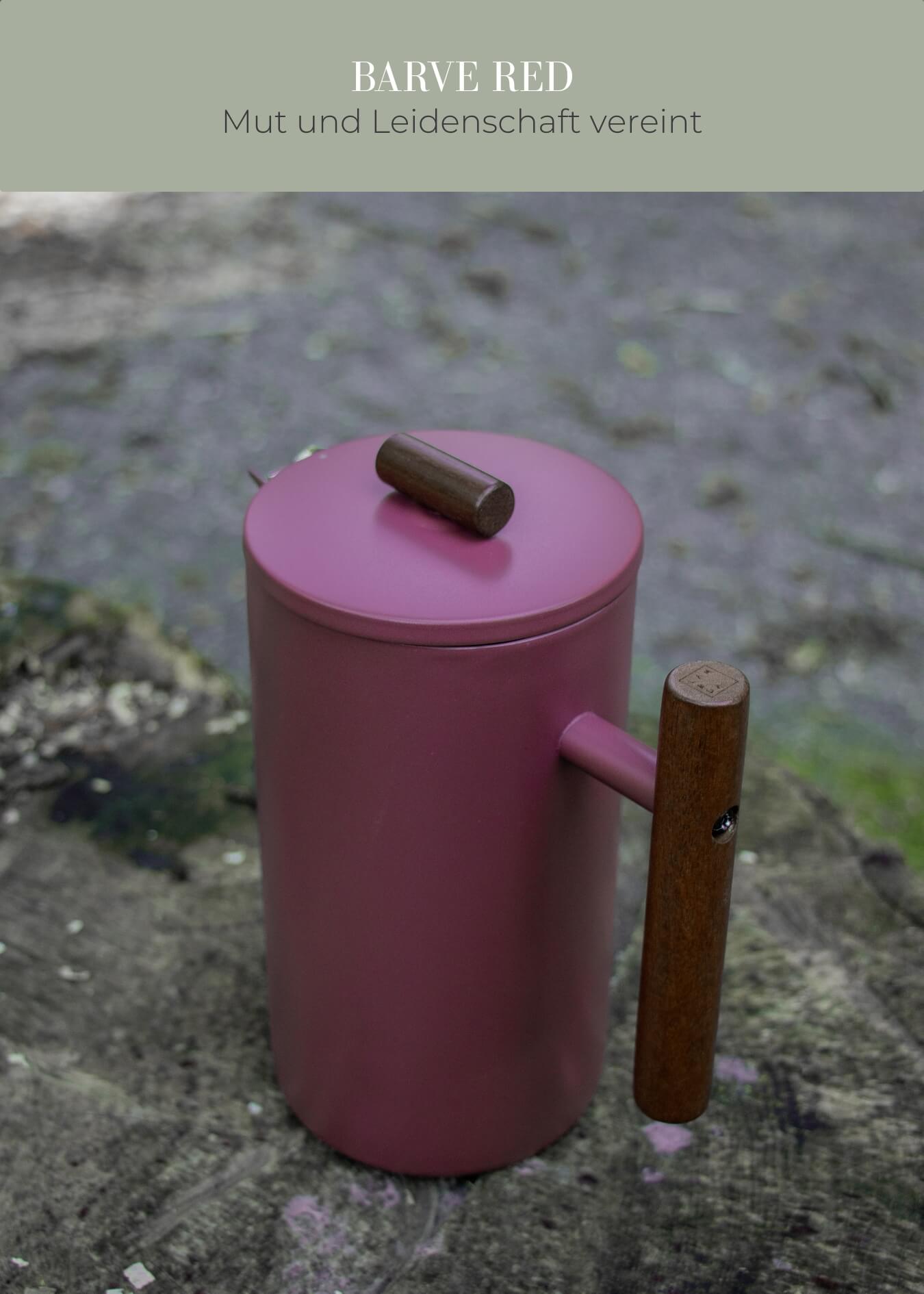 "Lambda Coffee Caldera French Press Edelstahl Brave Red mit Holzgriff robuste Pulverbeschichtung"