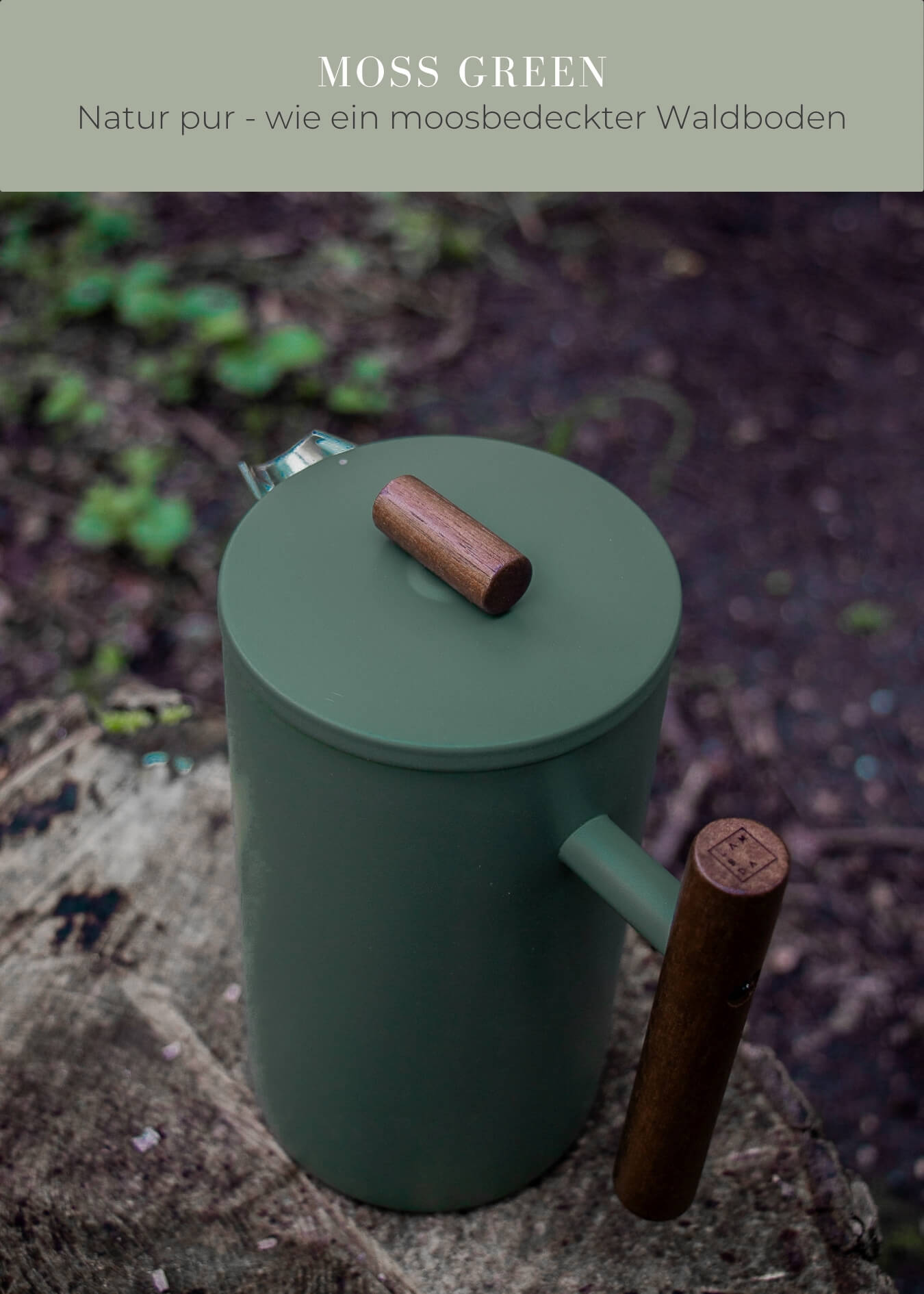 "Lambda Coffee Caldera French Press Edelstahl Moss Green mit Holzgriff robuste Pulverbeschichtung"