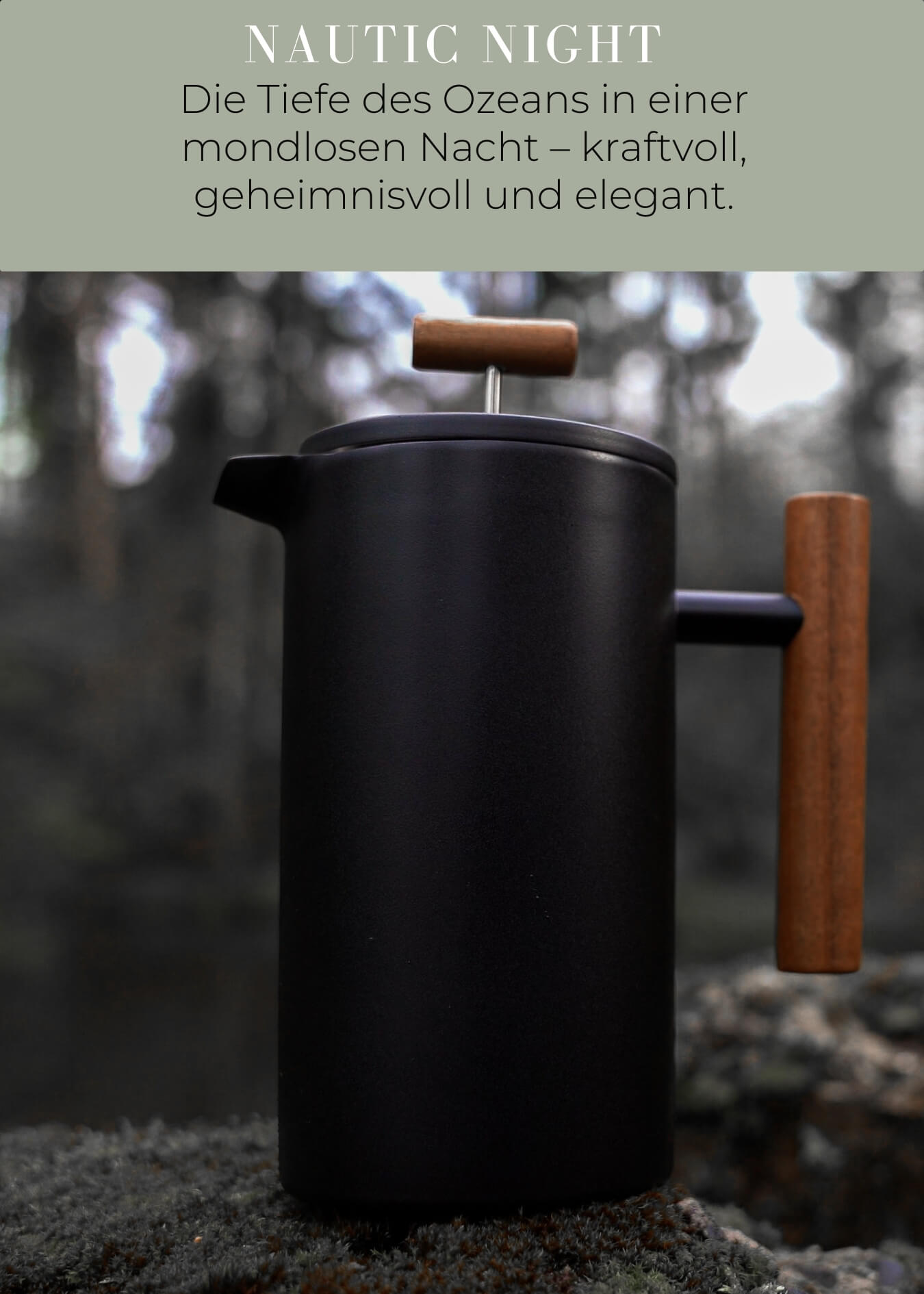 "Lambda Coffee Caldera French Press Edelstahl Nautic Night mit Holzgriff robuste Pulverbeschichtung"
