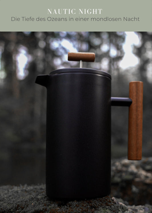 "Lambda Coffee Caldera French Press Edelstahl Nautic Night mit Holzgriff robuste Pulverbeschichtung"