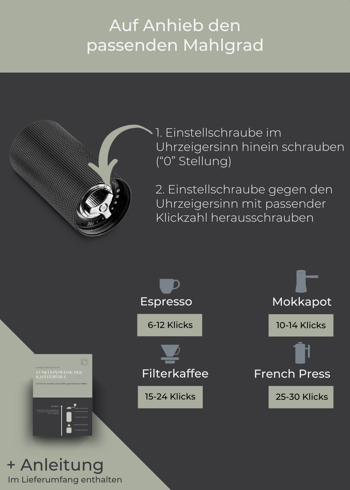 Kaffeemühle manuell mit Edelstahl-Mahlwerk - Lambda Coffee