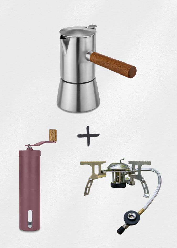 Espressokocher, Kaffeemühle, Gaskocher