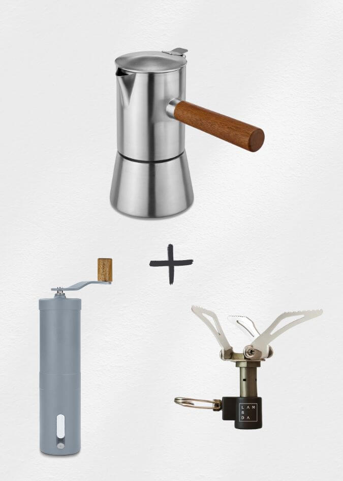Espressokocher, Kaffeemühle, Gaskocher
