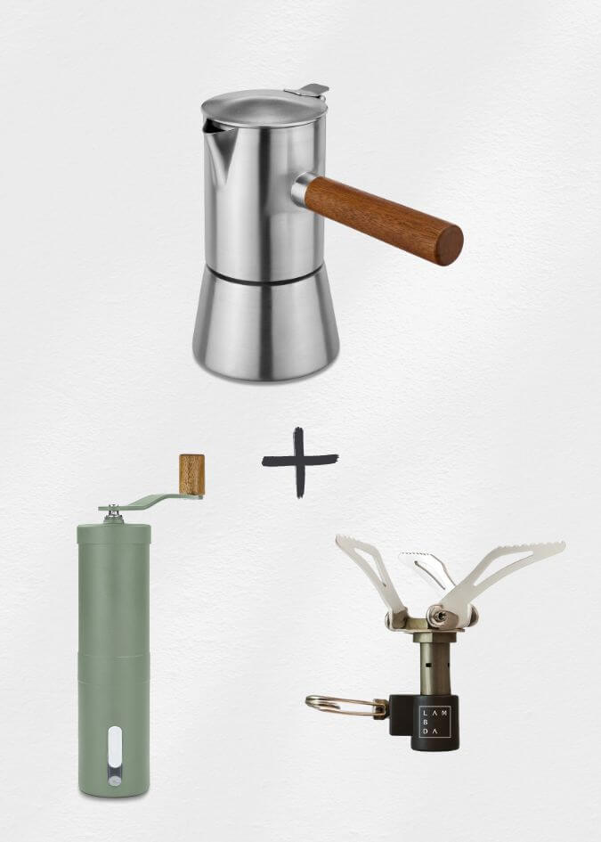 Espressokocher, Kaffeemühle, Gaskocher