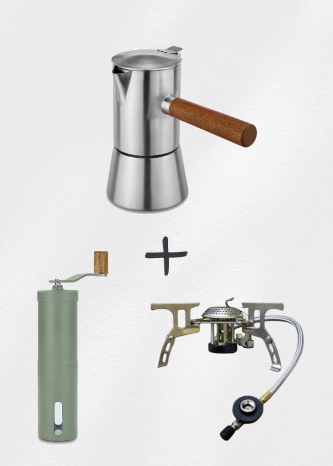 Espressokocher, Kaffeemühle, Gaskocher