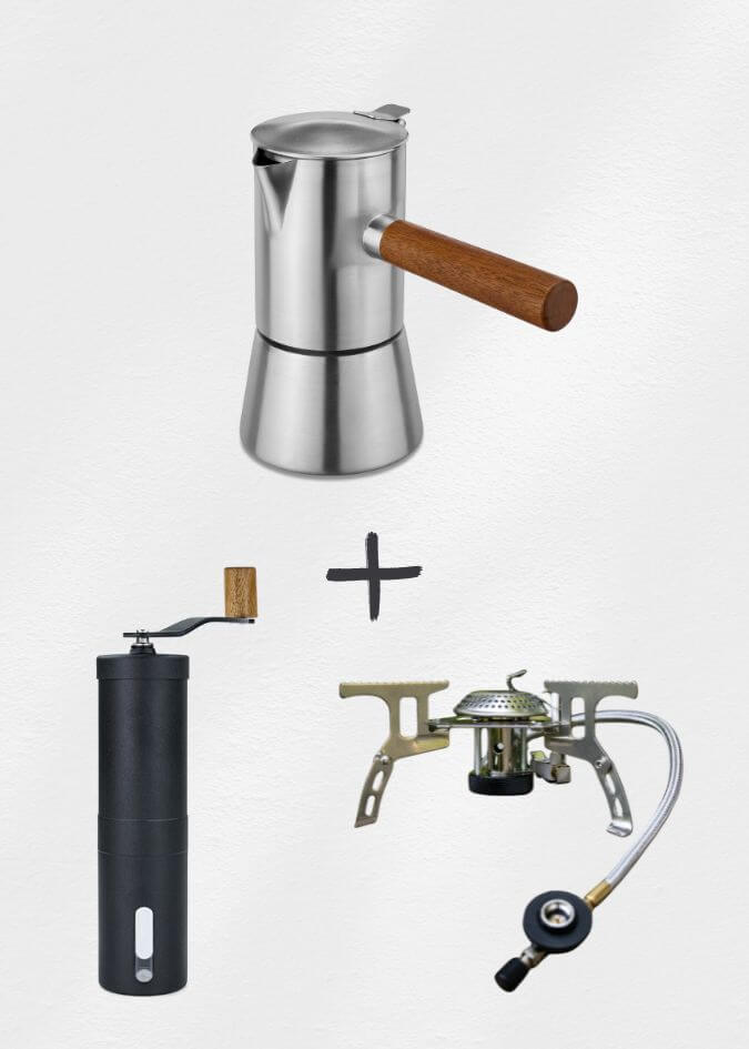Espressokocher, Kaffeemühle, Gaskocher
