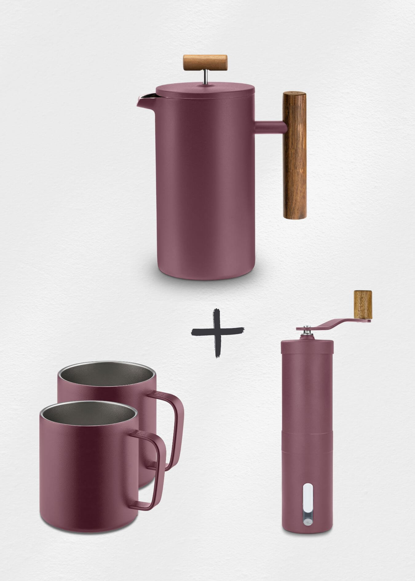Lambda Coffee French Press Thermobecher Kaffeemühle Set rot Basecamp Brave Red