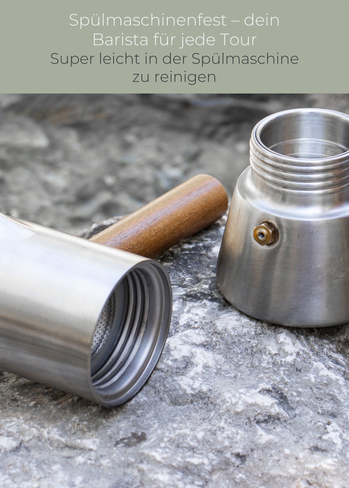 "Lambda Coffee Espressokocher Edelstahl zweiteilig mit Holzgriff spülmaschinengeeignet"