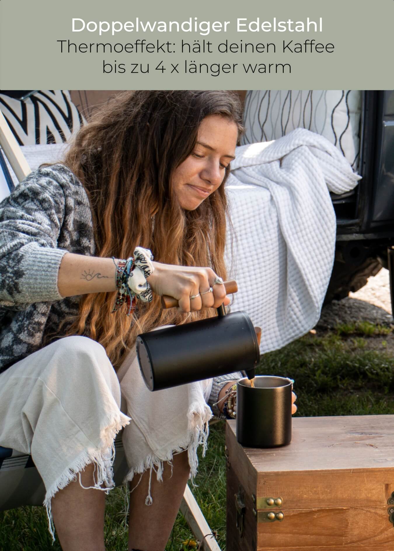 "Lambda Coffee Caldera French Press Edelstahl schwarz doppelwandig Outdoor Camping Kaffee"