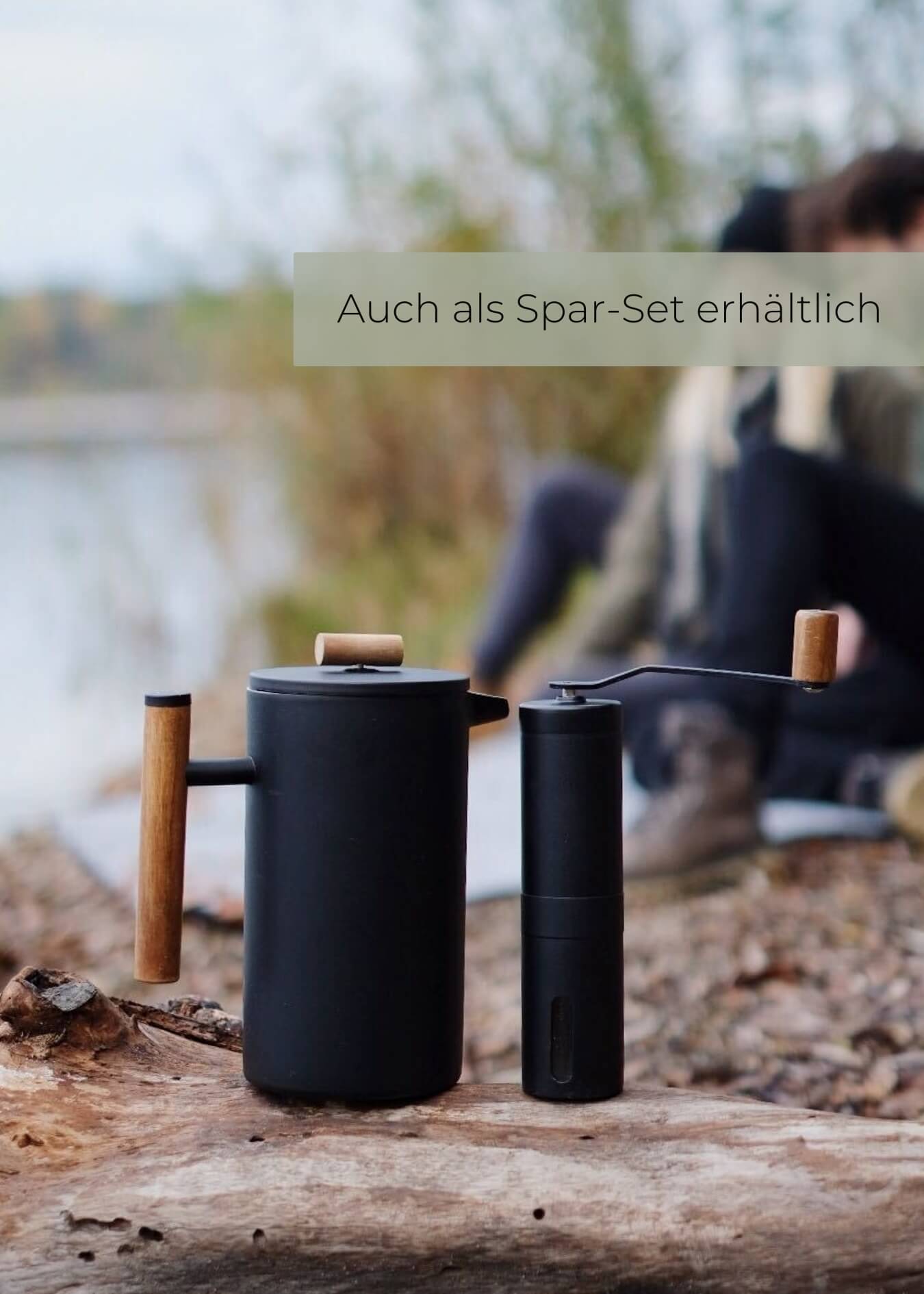 "Lambda Coffee Caldera French Press Edelstahl schwarz mit Holzgriff im Set mit Kaffeemühle Outdoor"