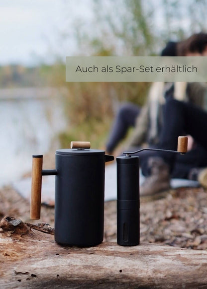 "Lambda Coffee Caldera French Press Edelstahl schwarz mit Holzgriff im Set mit Kaffeemühle Outdoor"