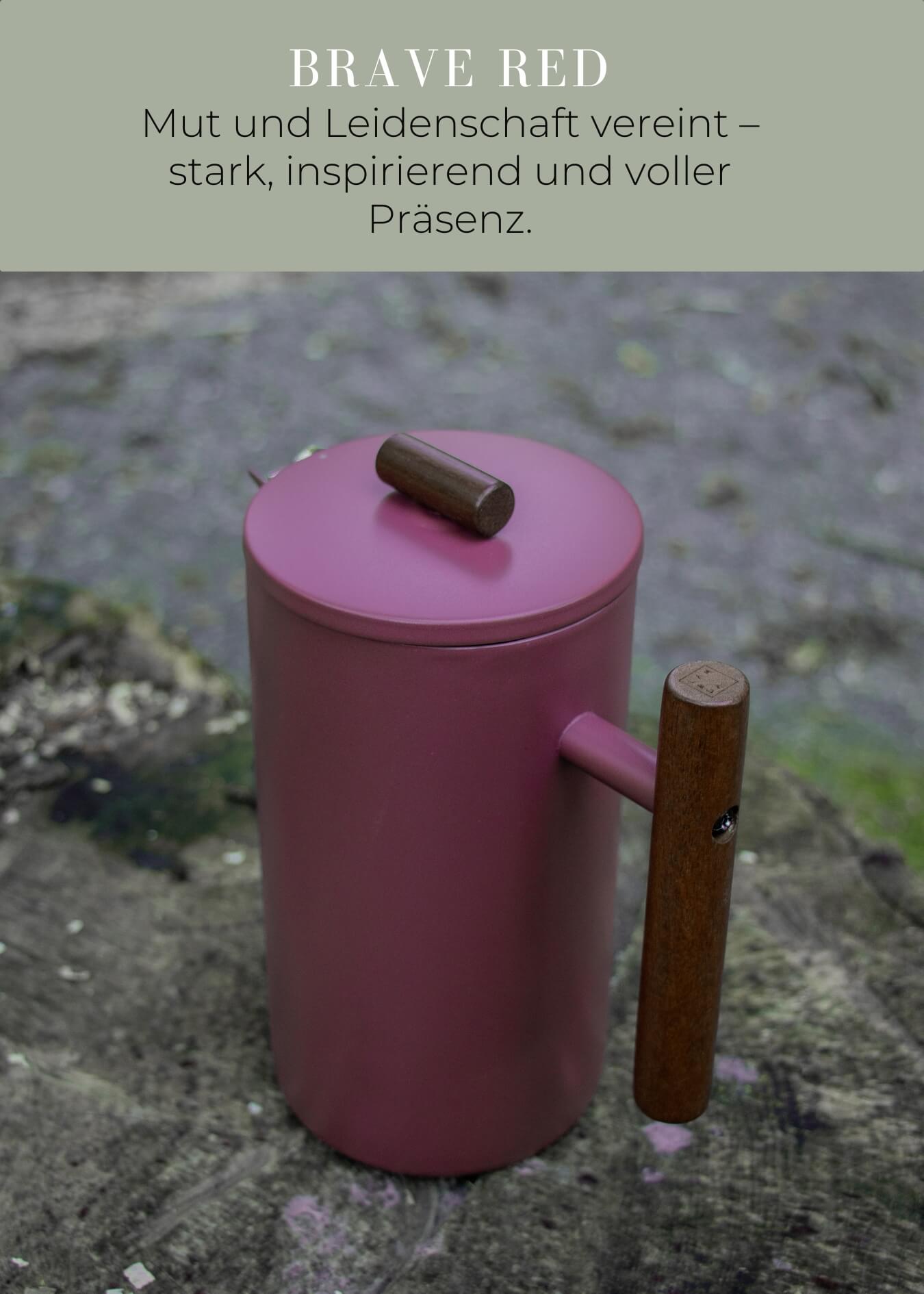 "Lambda Coffee Caldera French Press Edelstahl Brave Red mit Holzgriff robuste Pulverbeschichtung"