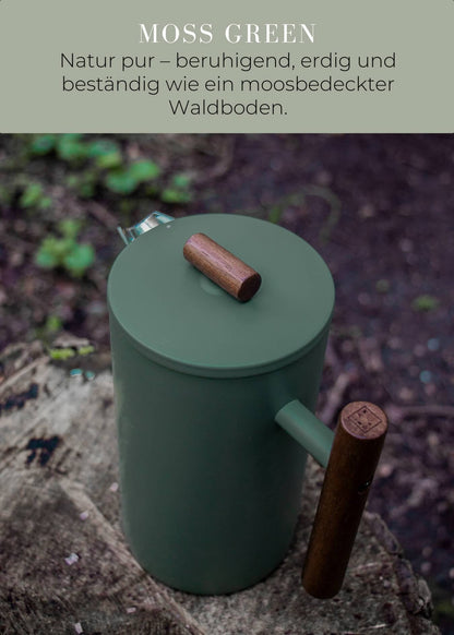 "Lambda Coffee Caldera French Press Edelstahl Moss Green mit Holzgriff robuste Pulverbeschichtung"
