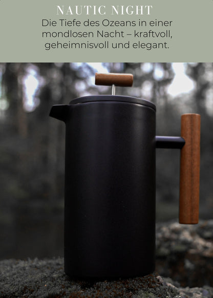 "Lambda Coffee Caldera French Press Edelstahl Nautic Night mit Holzgriff robuste Pulverbeschichtung"
