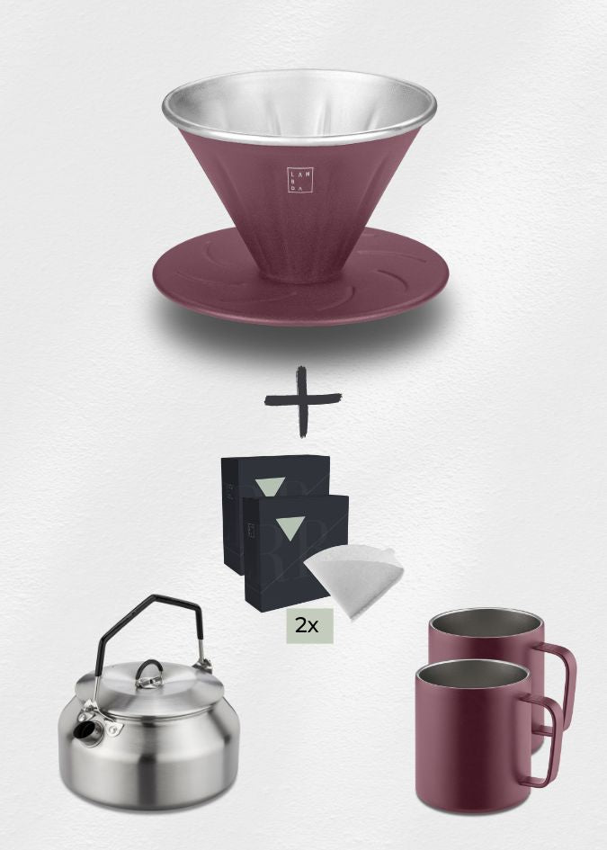 Lambda Coffee Kaffeefilter Handfilter 100er Pack Filter Wasserflasche Thermobecher Set rot Peak Pack Brave Red