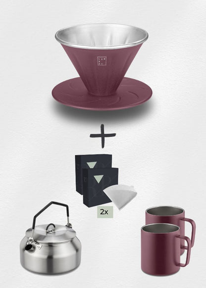 Lambda Coffee Kaffeefilter Handfilter 100er Pack Filter Wasserflasche Thermobecher Set rot Peak Pack Brave Red