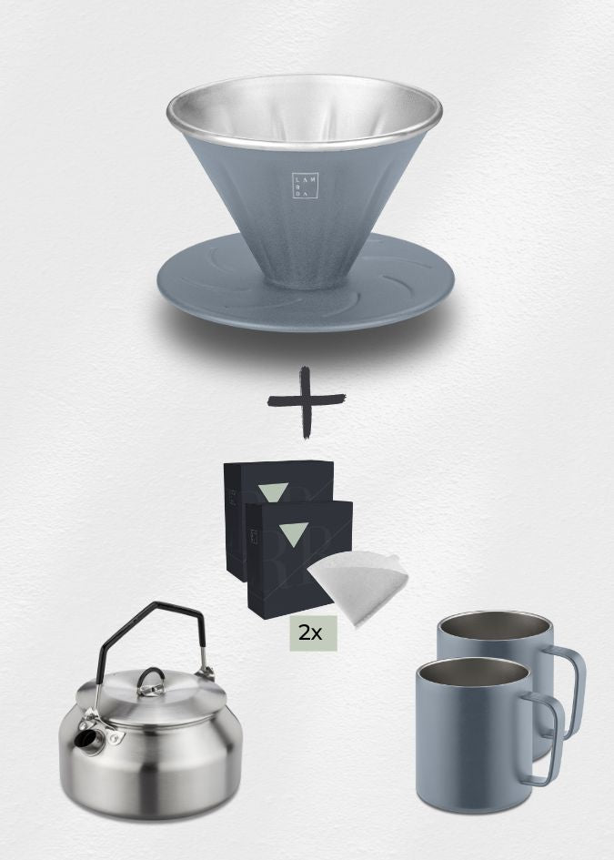 Lambda Coffee Kaffeefilter Handfilter 100er Pack Filter Wasserflasche Thermobecher Set blau Peak Pack Dusk Blue