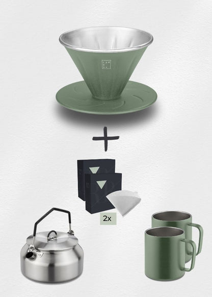 Lambda Coffee Kaffeefilter Handfilter 100er Pack Filter Wasserflasche Thermobecher Set grün Peak Pack Moss Green