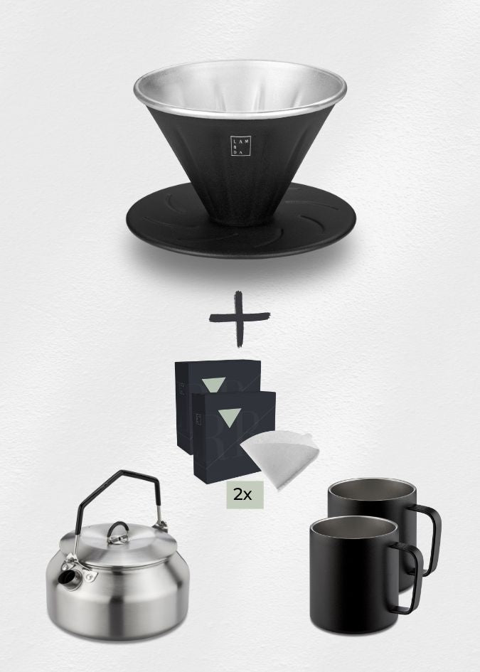 Lambda Coffee Kaffeefilter Handfilter 100er Pack Filter Wasserflasche Thermobecher Set schwarz Peak Pack Nautic Night