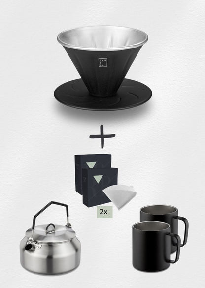 Lambda Coffee Kaffeefilter Handfilter 100er Pack Filter Wasserflasche Thermobecher Set schwarz Peak Pack Nautic Night