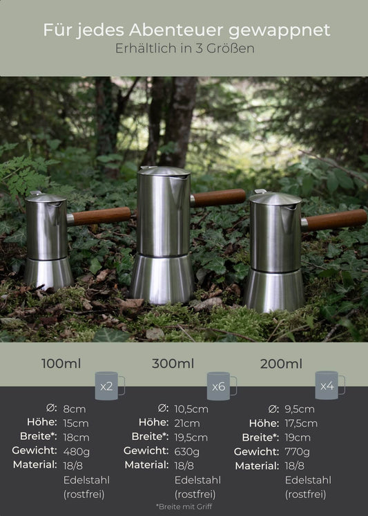 "Lambda Coffee Espressokocher Edelstahl robustes Design für Abenteuer erhältlich in drei Größen"