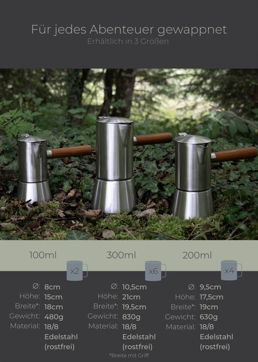 "Lambda Coffee Espressokocher Edelstahl robustes Design für Abenteuer erhältlich in drei Größen"