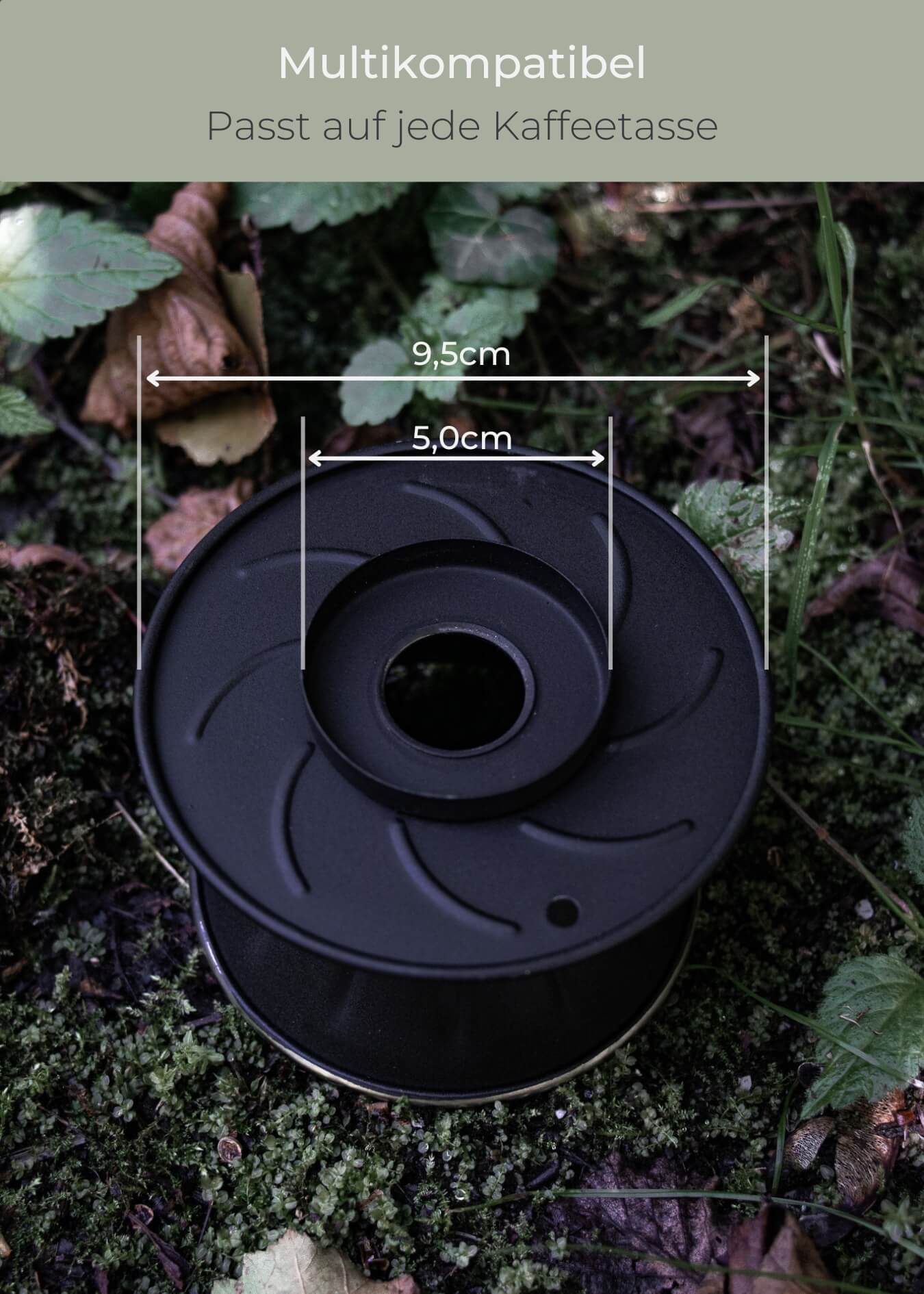 "Oberansicht Sierra Edelstahl Handfilter schwarz mit Größenangaben, multikompatibel für verschiedene Tassen"