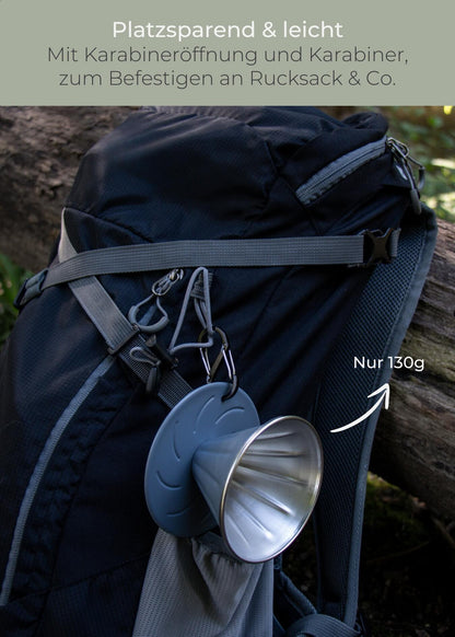 "Outdoor Handfilter leicht und platzsparend, mit Karabiner am Rucksack getragen"
