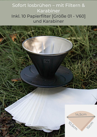 "Sierra Handfilter Edelstahl schwarz mit 10 Papierfiltern Größe 01 V60 und Karabiner, Lambda Coffee''