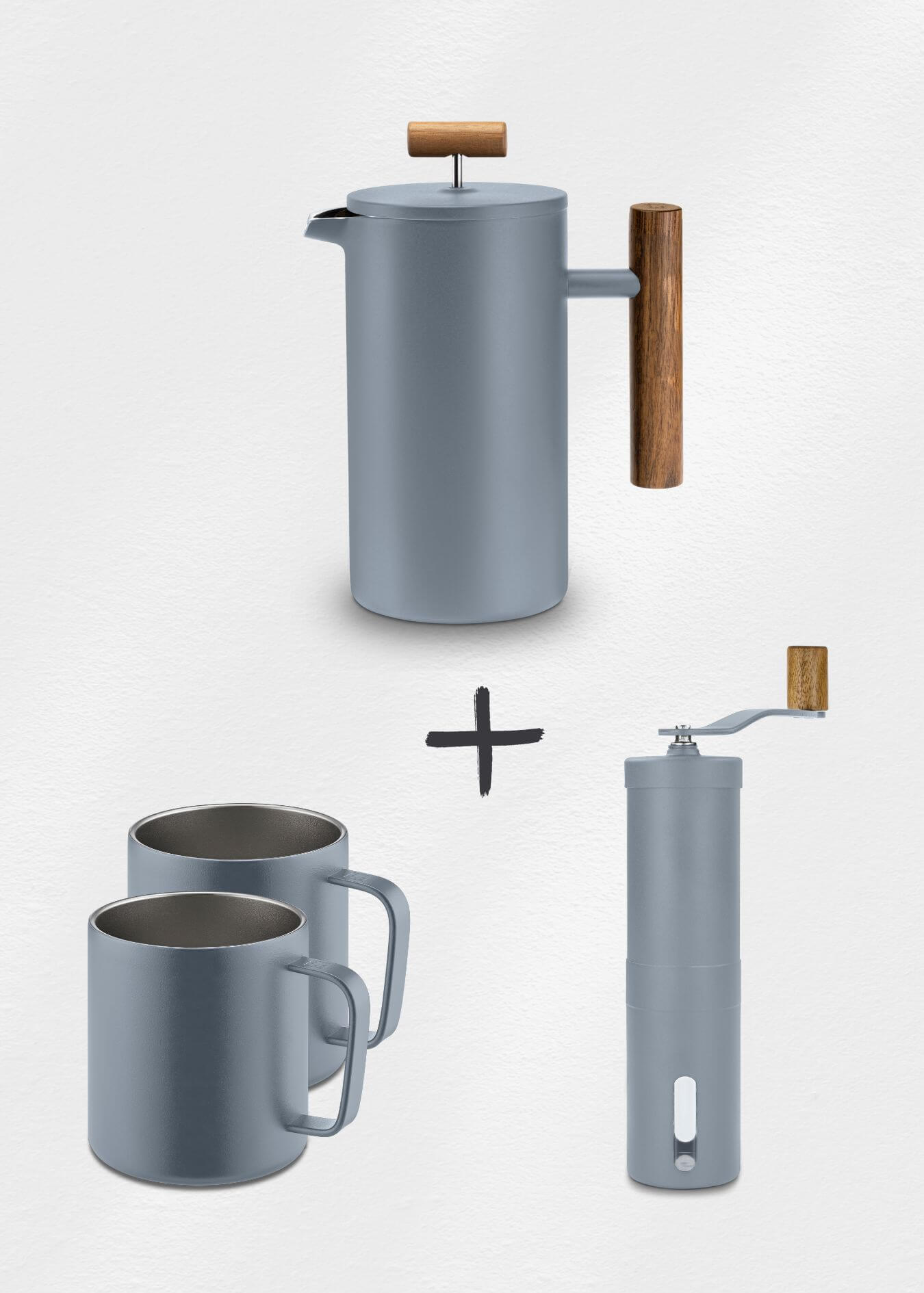 Lambda Coffee French Press Thermobecher Kaffeemühle Set blau Basecamp Dusk Blue