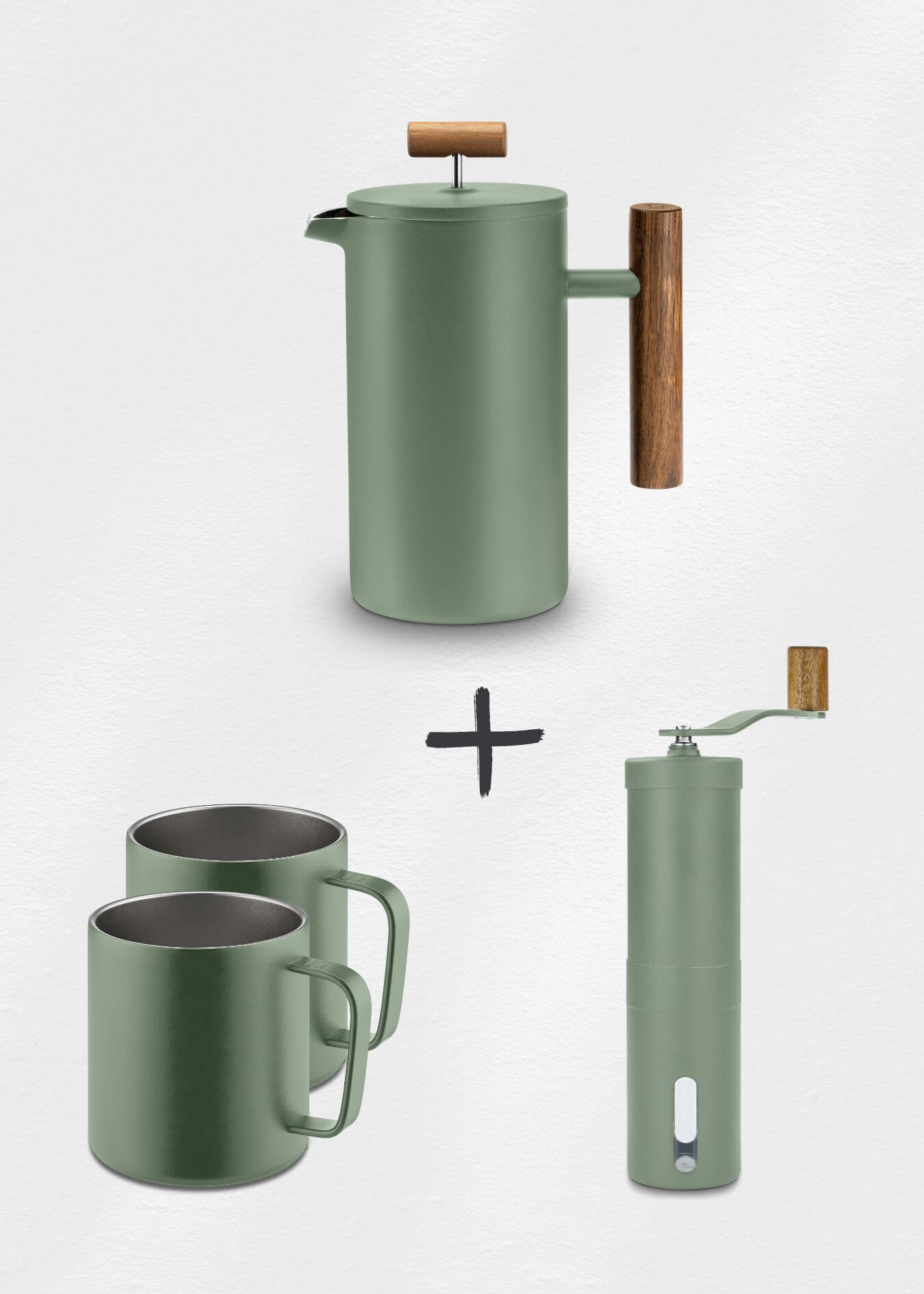 Lambda Coffee French Press Thermobecher Kaffeemühle Set grün Basecamp Moss Green
