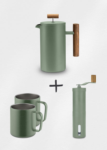 Lambda Coffee French Press Thermobecher Kaffeemühle Set grün Basecamp Moss Green