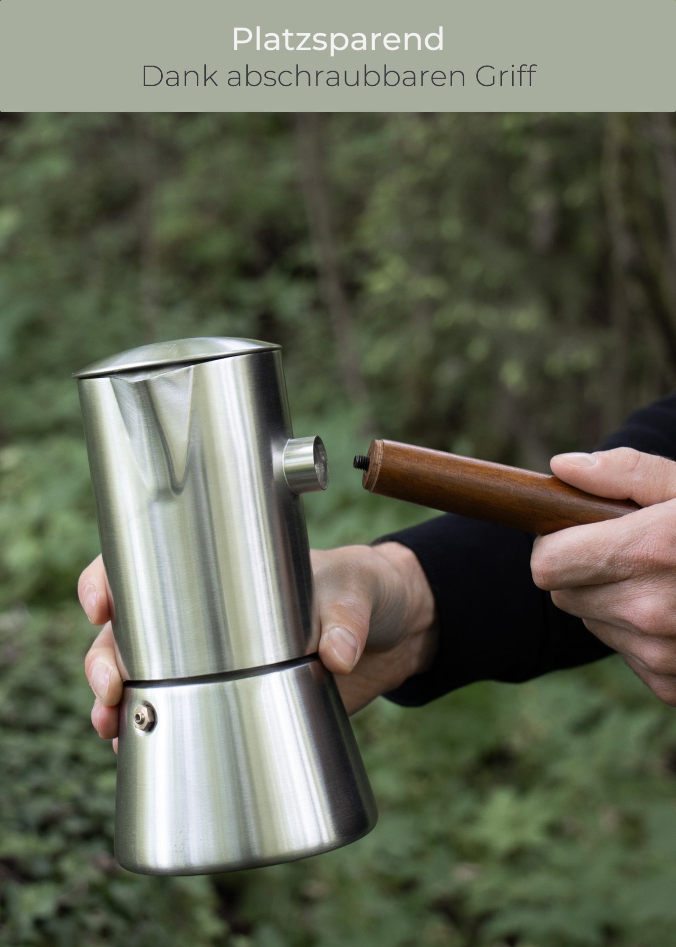 "Lambda Coffee Espressokocher Edelstahl robustes Design abschraubbarer Griff für Reisen"