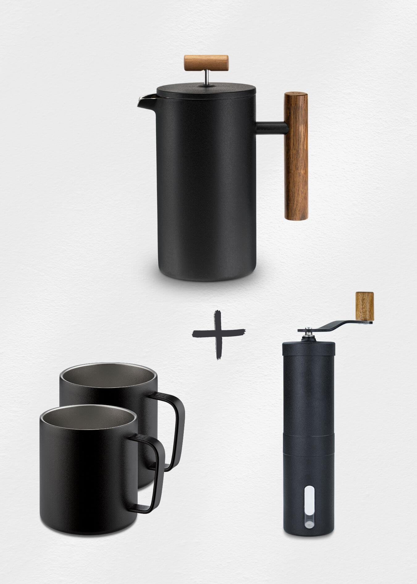 Lambda Coffee French Press Thermobecher Kaffeemühle Set schwarz Basecamp Nautic Night